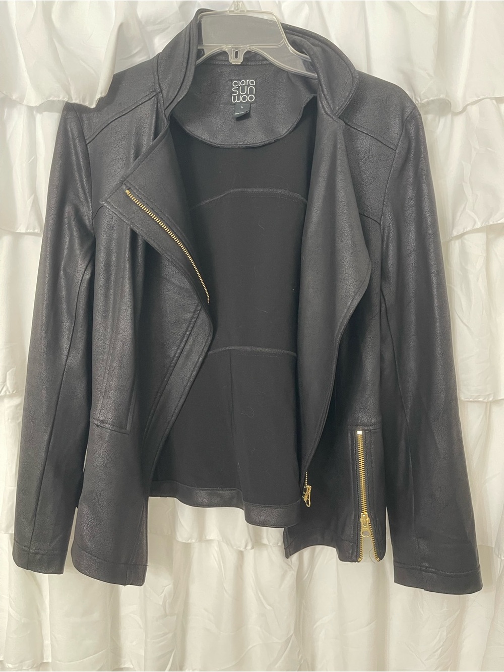 Clara Sun Woo Black Faux Leather Draped Jacket with Gold Zippers - NWOT